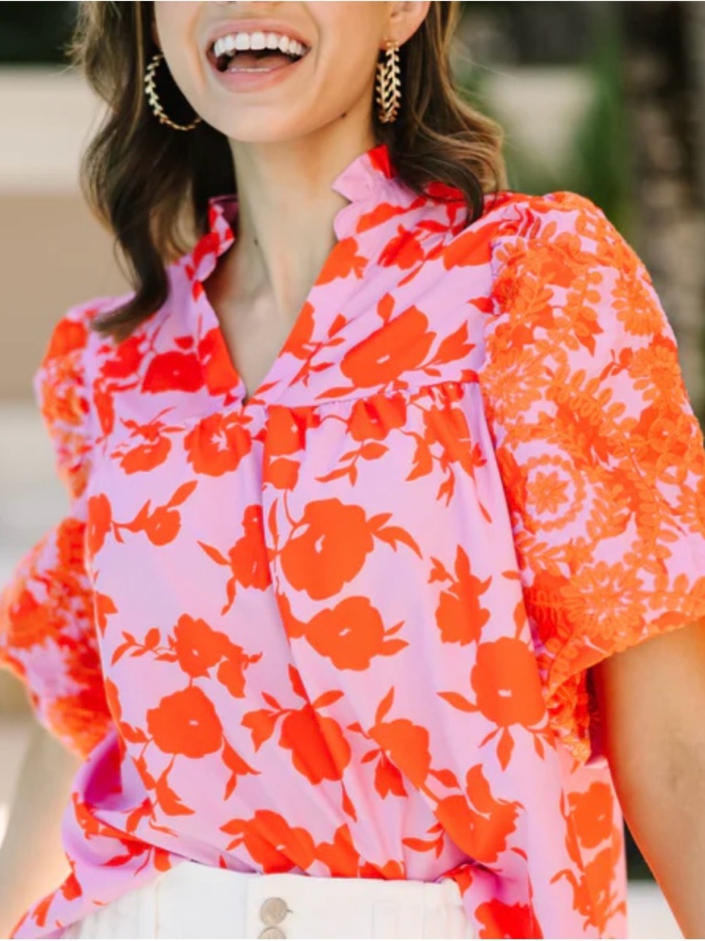 Umgee Pink and Orange Floral Puff-Sleeve Blouse